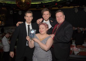 Annakaisa Kultima, Vesa Raudasoja, Kosti Rytkönen ja Tatu Laine from Finnish Game Jam ry were present at the Finnish Game Awards gala.